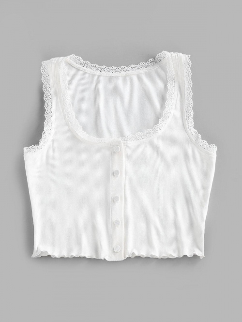 Women Tank Tops ZAFUL Lace Trim Lettuce Ribbed Crop Tank Top S White