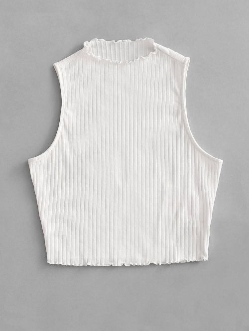 Women Tank Tops ZAFUL Ribbed Lettuce Trim Basic Crop Top L White