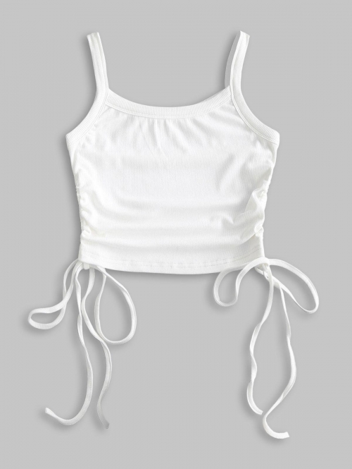 Women Tank Tops Rib-knit Side Cinched Ruched Crop Tank Top S White