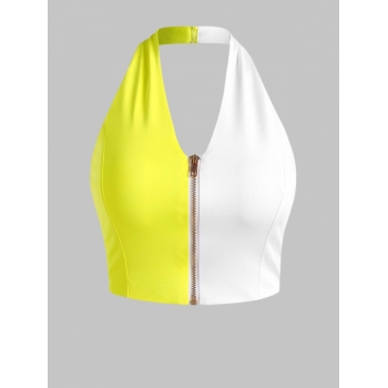 Women Tank Tops Halter Zip Half and Half Crop Top M Yellow