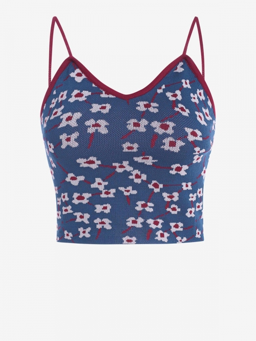 Women Tank Tops Floral Knit Camisole Blue