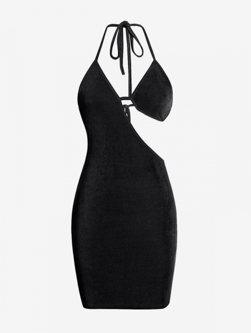 Mini Dress ZAFUL Bra Cutout Jersey Backless Halter Slinky Dress M Black