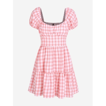 Casual ZAFUL Gingham Puff Sleeve Tiered Dress L Light pink