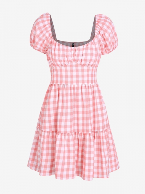 Casual ZAFUL Gingham Puff Sleeve Tiered Dress L Light pink