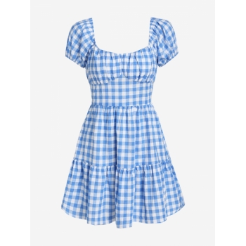 Casual ZAFUL Gingham Puff Sleeve Tiered Dress L Light blue