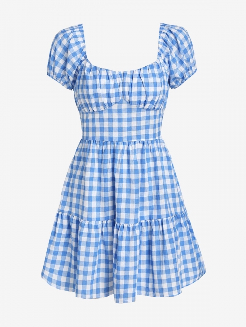 Casual ZAFUL Gingham Puff Sleeve Tiered Dress L Light blue