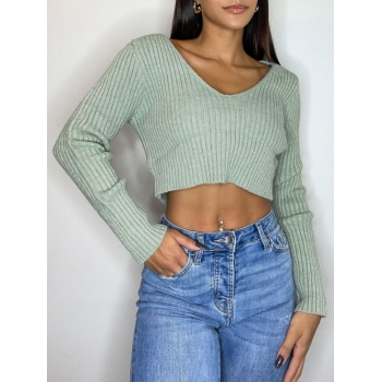 Women Plunge Wide Rib Cropped Sweater M Light green