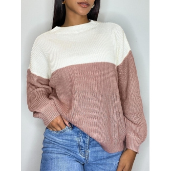 Women Contrast Two Tone Bicolor Drop Shoulder Sweater M Light pink