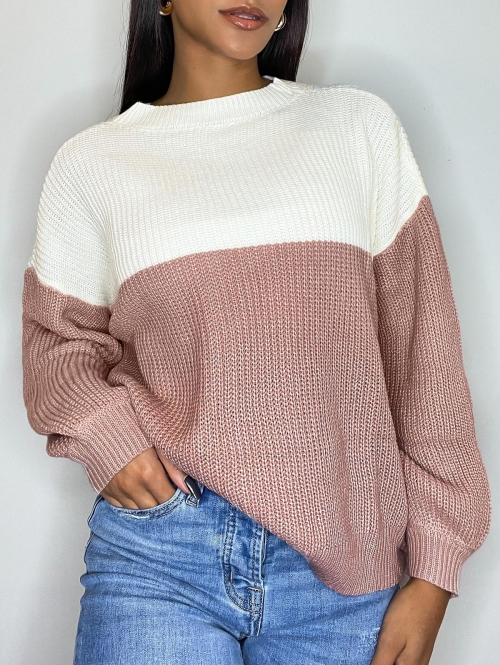 Women Contrast Two Tone Bicolor Drop Shoulder Sweater M Light pink