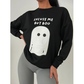 Women Hoodies ZAFUL Ghost Print Graphic Halloween Sweatshirt S Black