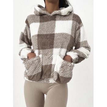 Women Hoodies ZAFUL Pockets Double Plaid Fluffy Hoodie S Coffee