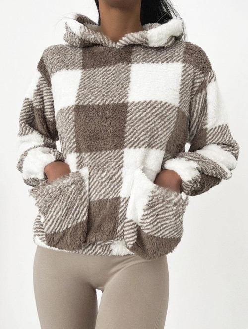 Women Hoodies ZAFUL Pockets Double Plaid Fluffy Hoodie S Coffee