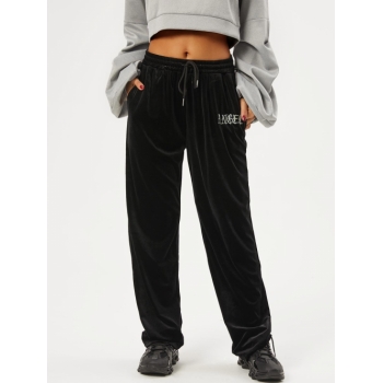 ZAFUL High Rise Letter Embroidered Velvet Wide Leg Pants M Black