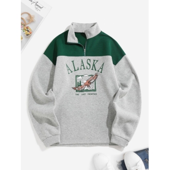 Women Hoodies ZAFUL Fleece Lined ALASKA Graphic Quarter Zip 90s Sweatshirt L Gray