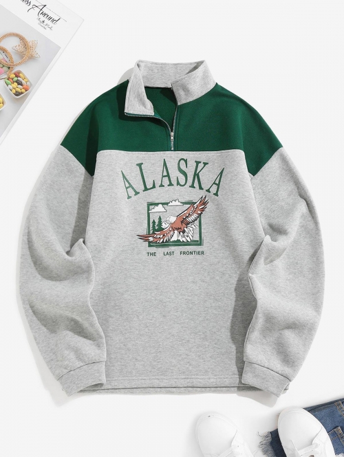 Women Hoodies ZAFUL Fleece Lined ALASKA Graphic Quarter Zip 90s Sweatshirt L Gray