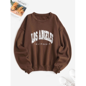 Women Hoodies Flocking Lined Los Angeles Print Drop Shoulder Sweatshirt M Coffee