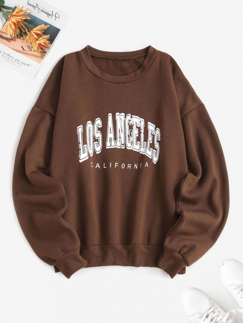 Women Hoodies Flocking Lined Los Angeles Print Drop Shoulder Sweatshirt M Coffee