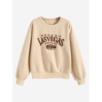 Women Hoodies Rib-trim LAS VEGAS Embroidered Fleece-lined Sweatshirt L Light coffee