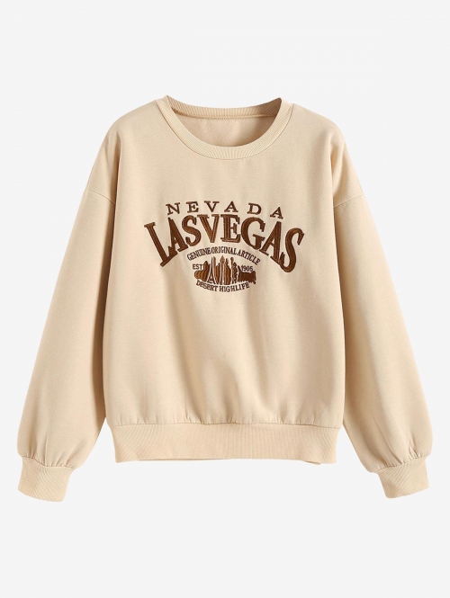 Women Hoodies Rib-trim LAS VEGAS Embroidered Fleece-lined Sweatshirt L Light coffee