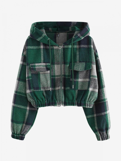 ZAFUL Plaid Flannel Flap Pocket Zip Hooded Jacket Xl Deep green