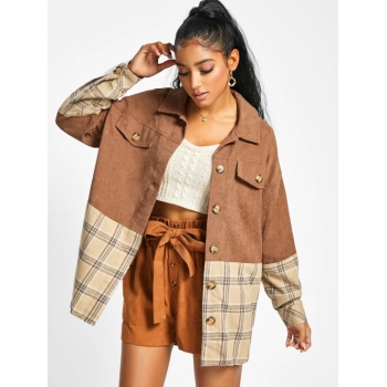 ZAFUL Plaid Corduroy Double Fabric Drop Shoulder Shacket S Coffee