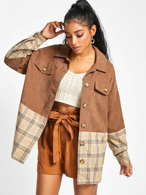 ZAFUL Plaid Corduroy Double Fabric Drop Shoulder Shacket S Coffee