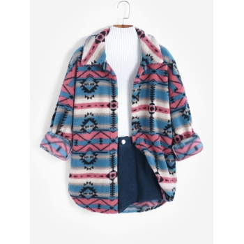 ZAFUL Faux Fur Ethnic Aztec Printed Drop Shoulder Coat L Blue