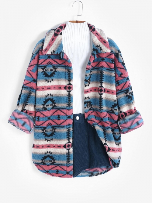 ZAFUL Faux Fur Ethnic Aztec Printed Drop Shoulder Coat L Blue