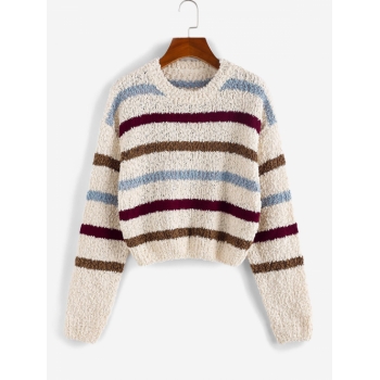 Women Drop Shoulder Colorful Stripes Boucle Knit Sweater L