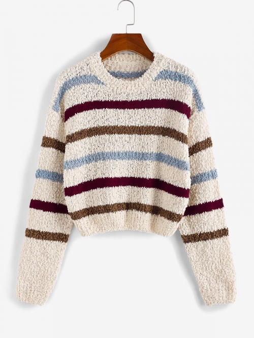 Women Drop Shoulder Colorful Stripes Boucle Knit Sweater L