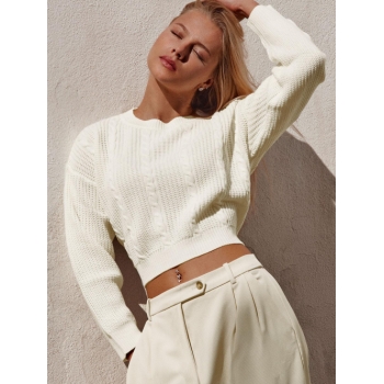 Women Crewneck Cable Knit Sweater L White