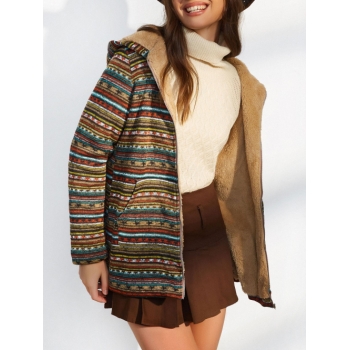 ZAFUL Ethnic Print Faux Fur Lined Hooded Zip Coat L