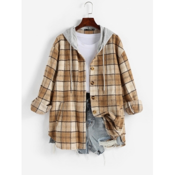 ZAFUL Hooded Plaid Flannel Pocket Button Up Shacket L Light coffee