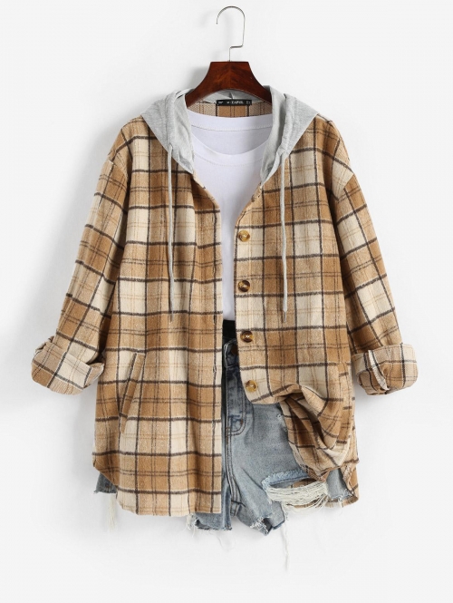 ZAFUL Hooded Plaid Flannel Pocket Button Up Shacket L Light coffee