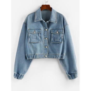 ZAFUL Drop Shoulder Elastic Cuffs Pocket Denim Jacket M Light blue