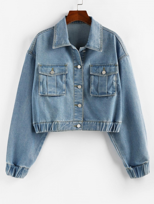 ZAFUL Drop Shoulder Elastic Cuffs Pocket Denim Jacket M Light blue