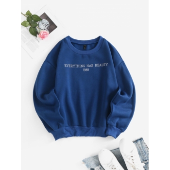 Women Hoodies Crewneck EVERYTHING Graphic Fleece-lined Sweatshirt M Blue