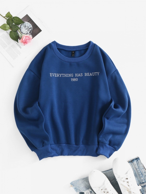 Women Hoodies Crewneck EVERYTHING Graphic Fleece-lined Sweatshirt M Blue