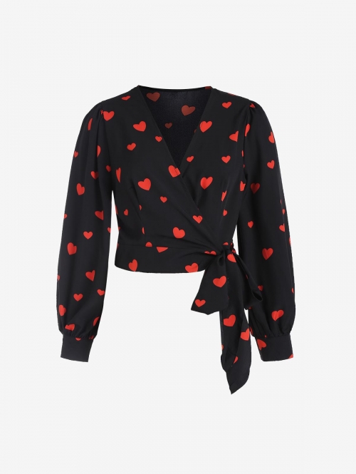 Women Blouse ZAFUL Plus Size Heart Print Wrap Shirt L Black