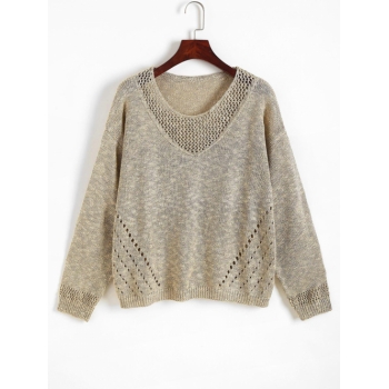 Women Metallic Thread Pointelle Knit Drop Shoulder Sweater M Light coffee