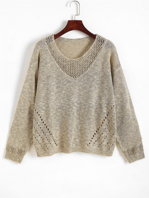 Women Metallic Thread Pointelle Knit Drop Shoulder Sweater M Light coffee