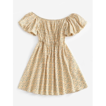 Print ZAFUL Ditsy Print Puff Sleeve Nap Dress M Deep yellow