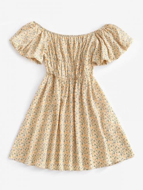 Print ZAFUL Ditsy Print Puff Sleeve Nap Dress M Deep yellow