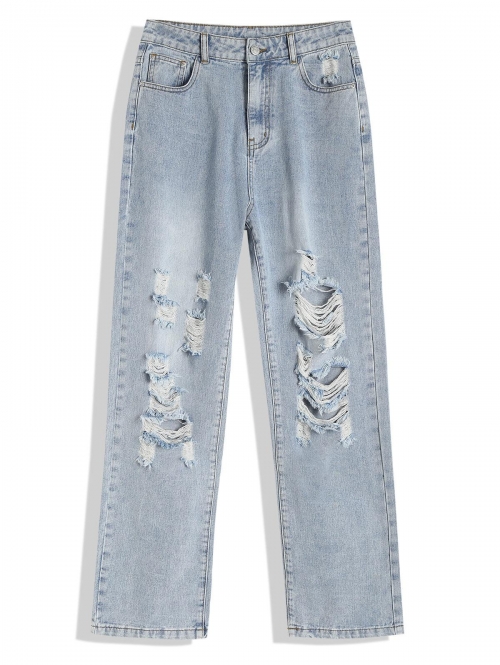 Ripped Shredded Distressed High Waisted Straight Jeans M Blue