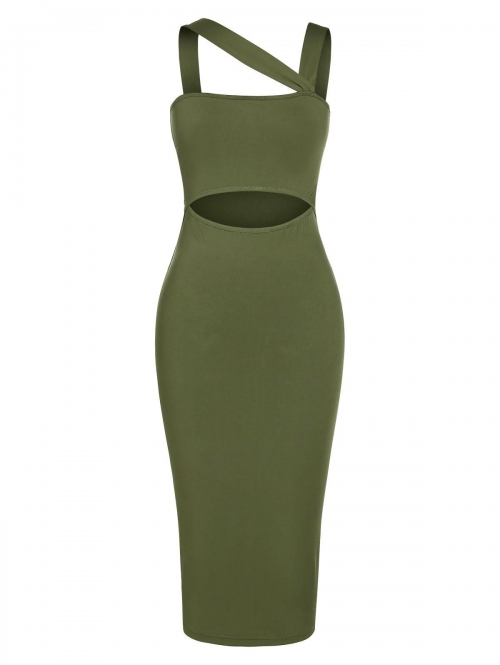 Mini Dress ZAFUL Cutout Skew Collar Midi Bodycon Dress L Deep green