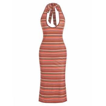 Mini Dress ZAFUL Halter Striped Open Back Bodycon Midi Dress S