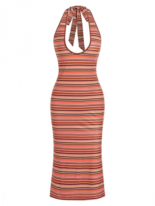 Mini Dress ZAFUL Halter Striped Open Back Bodycon Midi Dress S