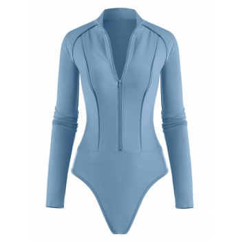 Women Bodysuits Raglan Sleeve Mock Neck Zip Front Bodysuit M Blue