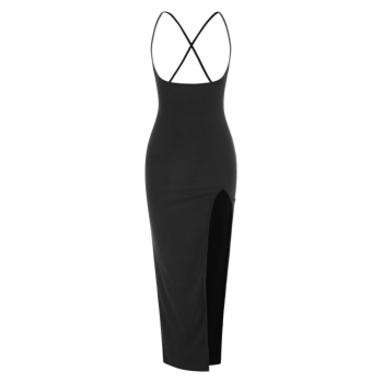 Bodycon Dress Spaghetti Strap High Slit Bodycon Dress M Black