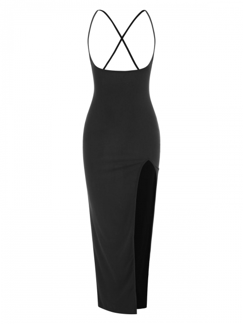 Bodycon Dress Spaghetti Strap High Slit Bodycon Dress M Black